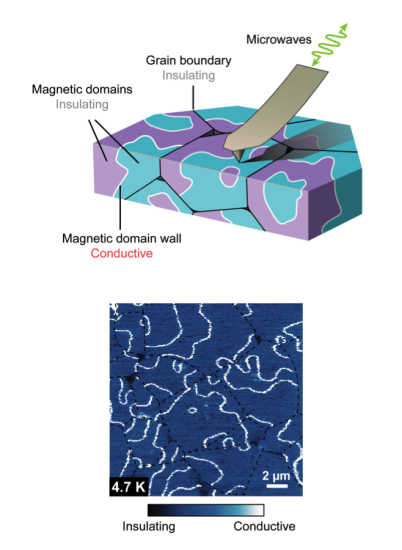 Illustration of Microwave Impedance Microscopy (MIM) setup and the MIM images showing direct evidence of conductive magnetic boundaries embedded in an insulator bulk. (Eric Yue Ma et al., Science)