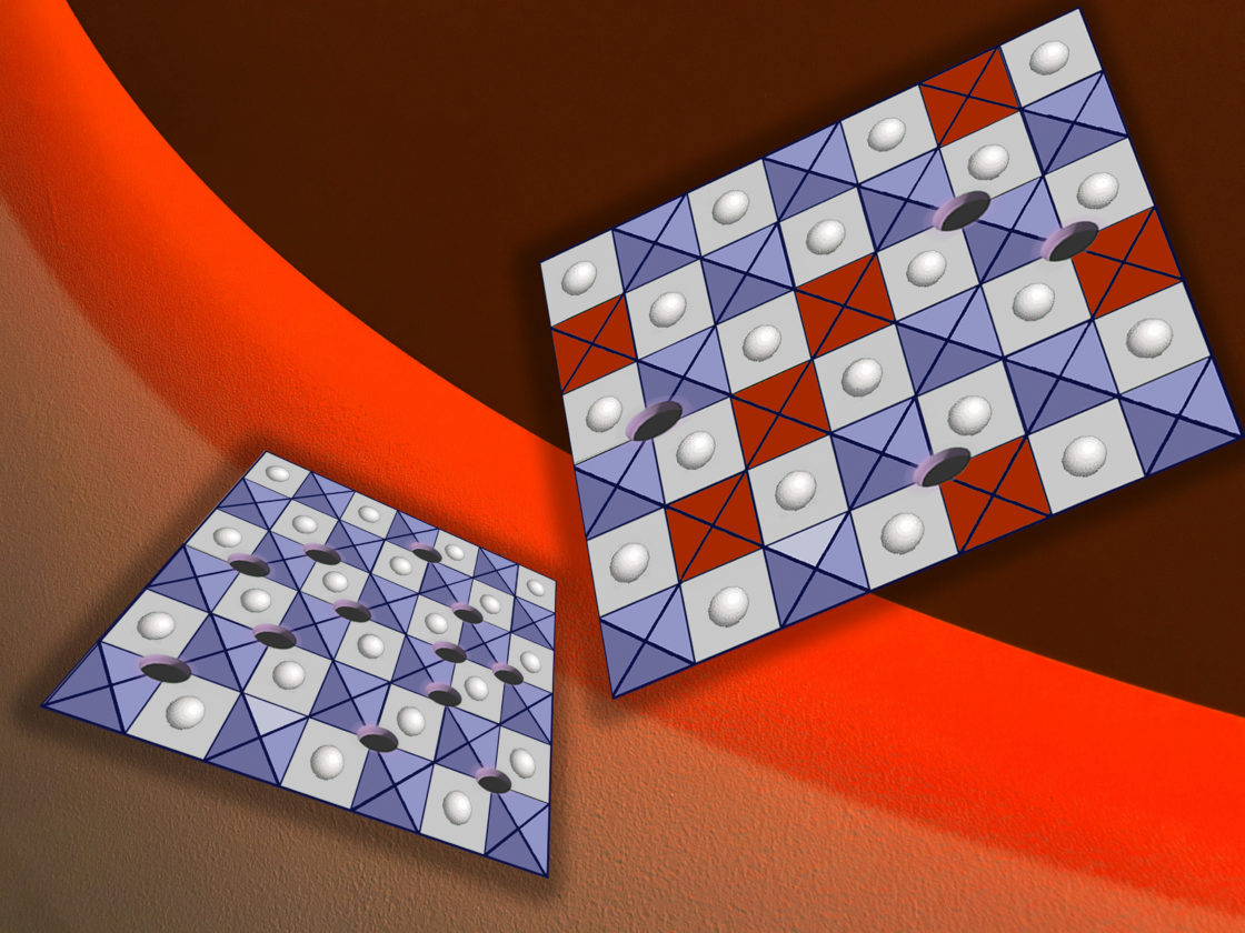 Diagram depicting the way a new surface treatment can improve the efficiency and longevity of materials for use in applications such as fuel-cell electrodes. At left is an unmodified cathode surface with a large concentration of oxygen vacancies (holes). At right is a cathode surface with modified cations (red squares), reducing the concentration of oxygen vacancies and significantly slowing down the rate of reactions that could degrade the surface and impair its performance. (Courtesy of Felice Frankel, MIT.)