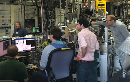 MAESTRO beamline scientists and visiting fellows watch intently as they receive the first images from the PEEM endstation. Pictured (L to R): Roland Koch, Eli Rotenberg, Daniel Schwarz, Chris Joswiak, and Aaron Bostwick.