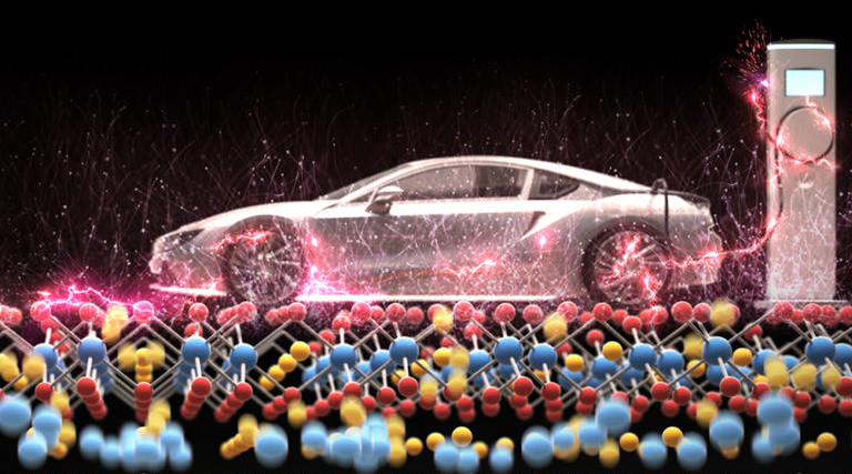 Image of a sporty car connected to a charging station. The "ground" beneath it is a molecular layer consisting of blue, red, and yellow atoms.