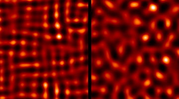 Left image shows grid of orange dots; right shows disordered dots but with similar spacing.