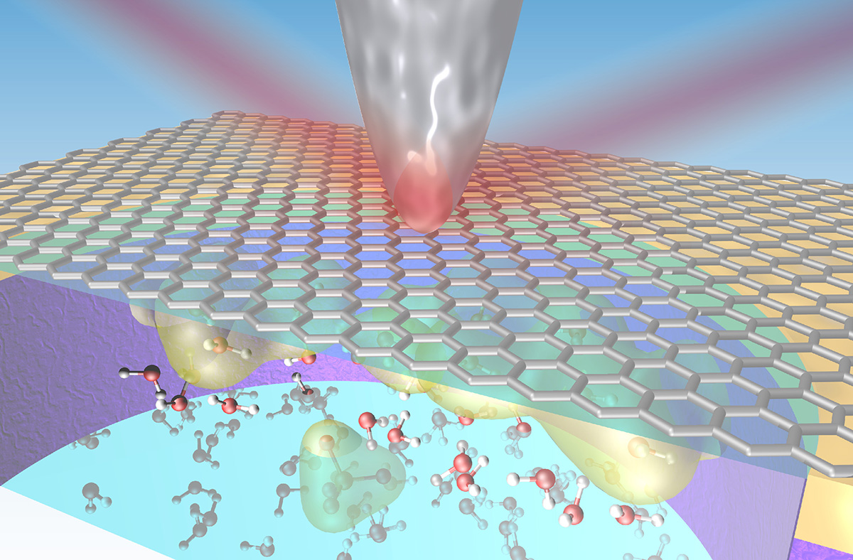 Conceptual cover art of atomic force microscope tip probing a graphene–liquid interface.