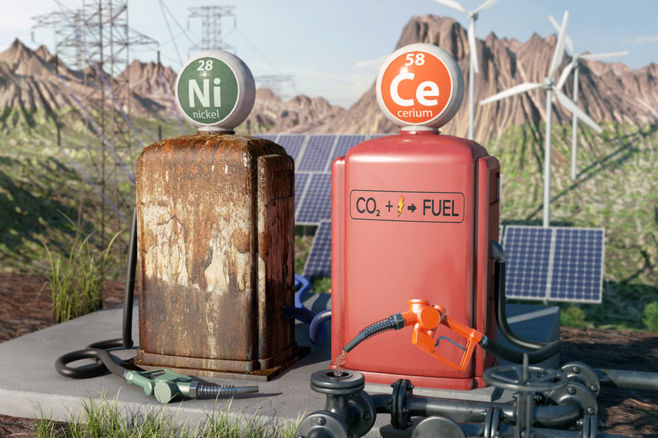 Photorealistic art with contrasting old/new gas pumps in the foreground; in the background are solar panels, windmills, power lines, and mountains.