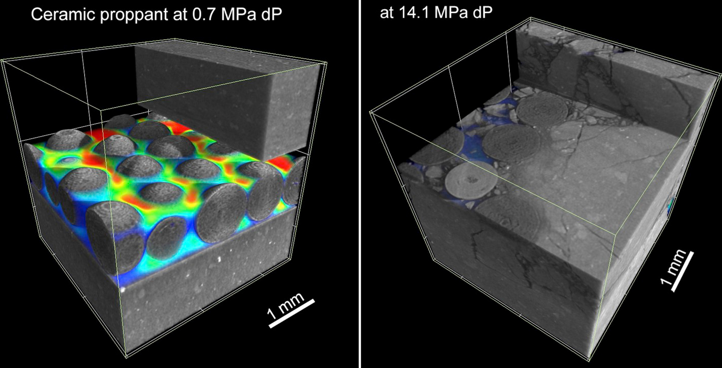 Left: 3D image of a cubic volume containing gray spheres of slightly varying sizes on a gray slab. The space between the spheres is filled with a gas-like spectrum of color, with islands of red near the top, and blue on the bottom. Right: 3D image of the same volume, but with no spheres and very little color, just blue. The gray slab shows moderate cracking.
