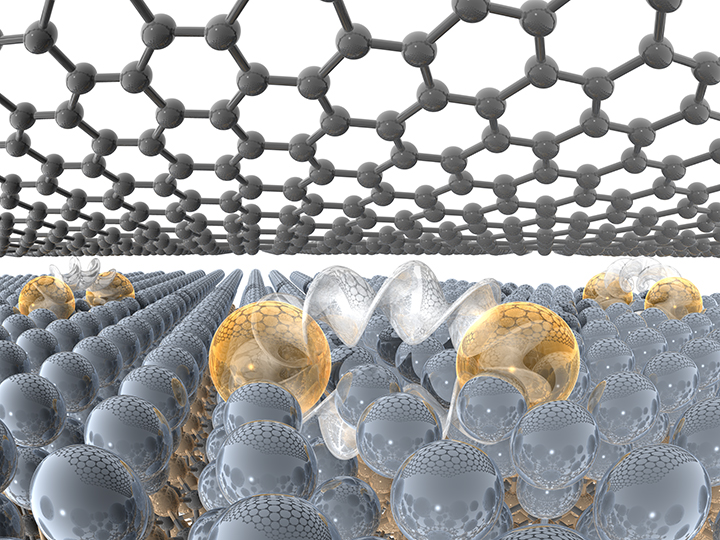 Artistic interpretation of the experimental sample from the perspective of the metal atoms, with a graphene hexagonal network overhead. Three Cooper pairs are shown in the metal layer, each pair consisting of two large gold spheres connected by a white spiral Möbius strip.