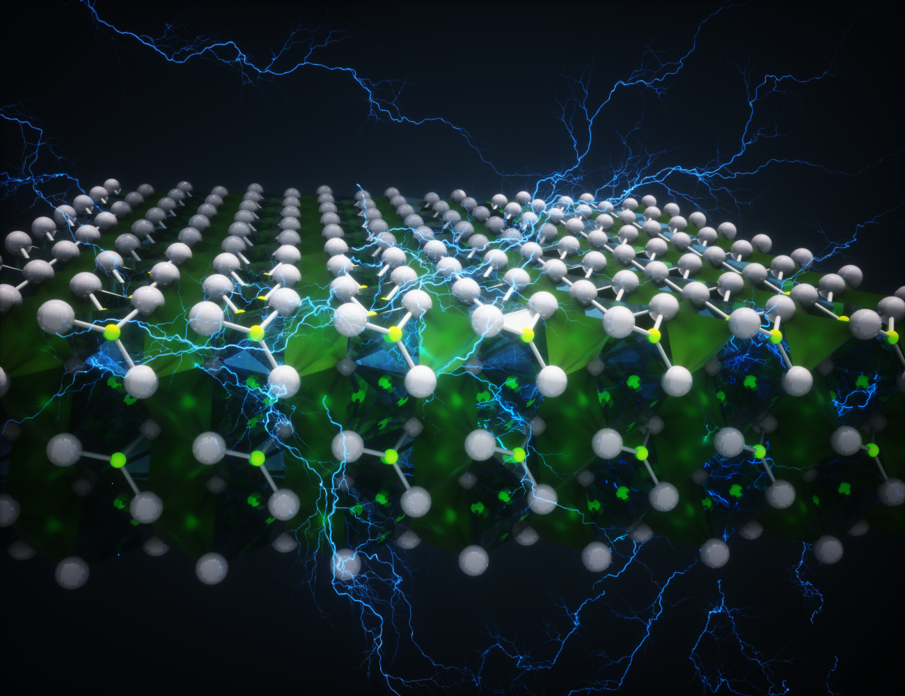Artistic 3D depiction of hafnium oxide atomic structure (white and yellow spheres interconnected by green and blue tetragons), suffused with electrical arcs (bright blue) suggestive of an external electric field.