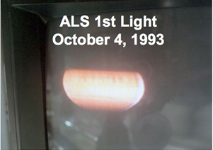 Blob of orange on black background with wet "ALS 1st Light October 4, 1993 across the top.