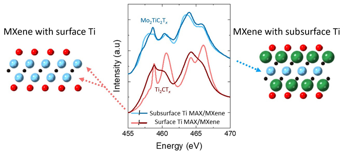 Spectra for MXene with surface titanium show large deviations after the addition of surface groups.