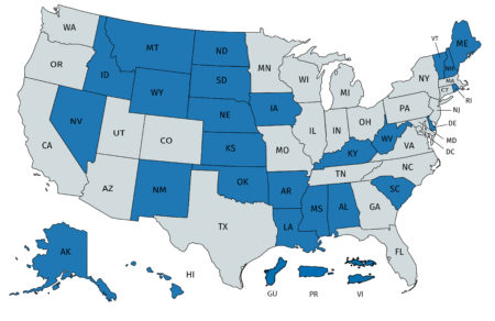 Map of United States with about half colored blue; the rest are gray.