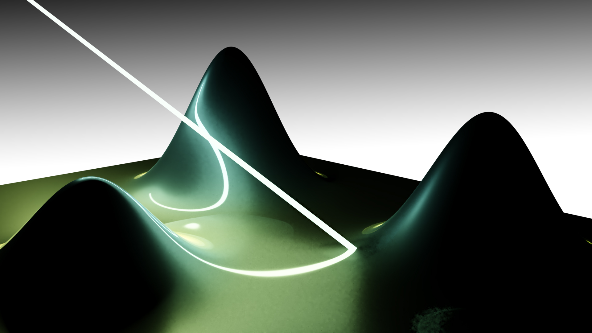 A 3D “landscape” with three Gaussian peaks and a beam of white light.