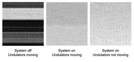 Three grayscale panels with decreasing amounts of noise, from left to right; left-most panel shows significant banding