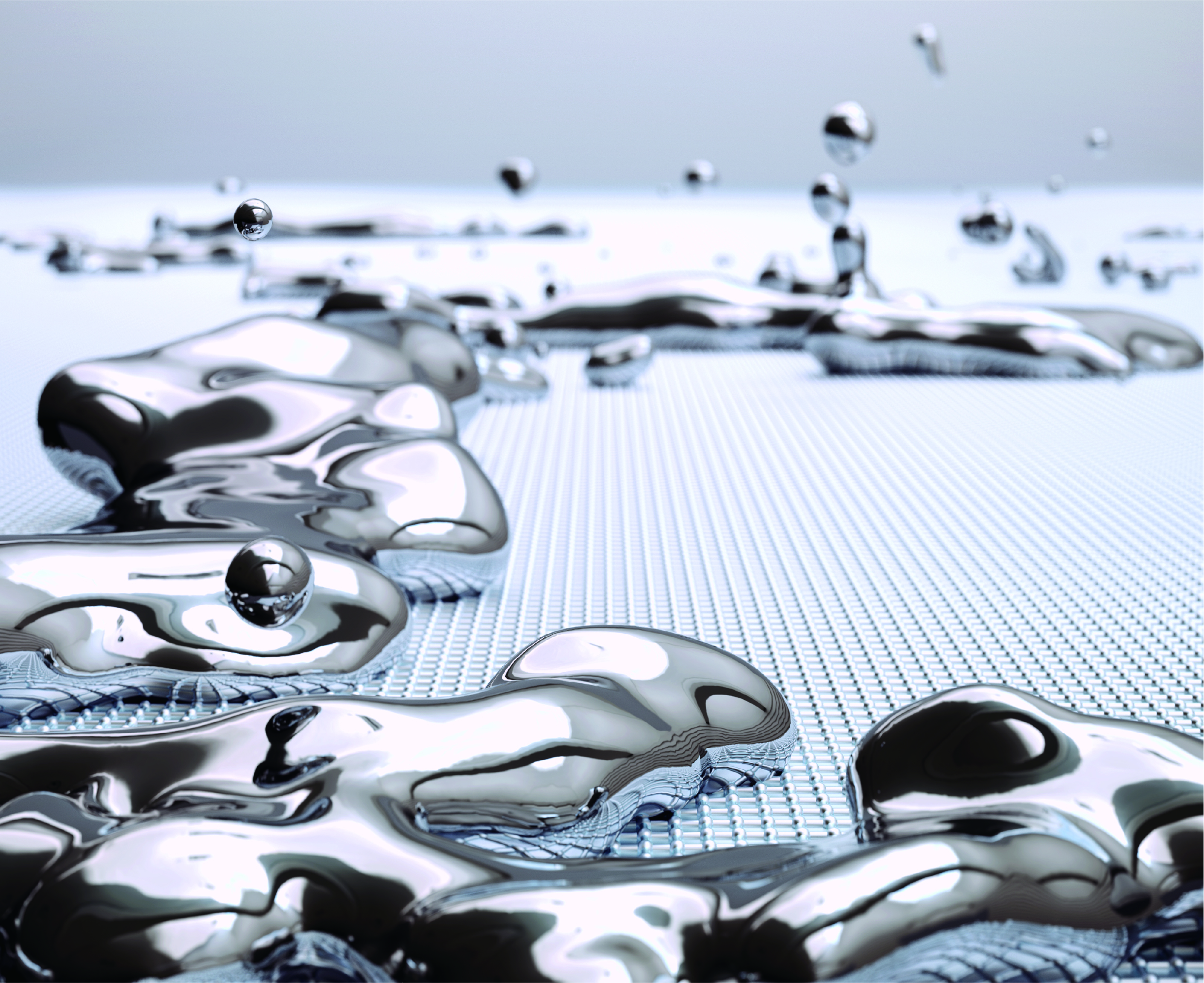Artistic rendering of liquid metal blobs on a gridded surface.