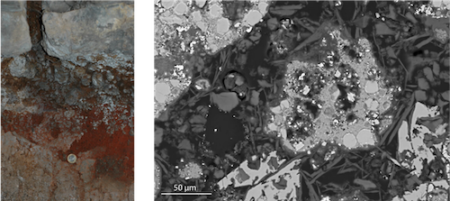Left - photograph of the tomb's substructure showing a rocky aggregate and red mortar. Right - grayscale SEM image showing lighter blobs separated by darker, finer features.