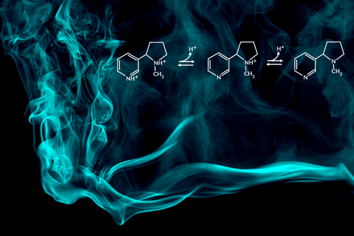 An animated gif of blue vapor with an inset showing three versions of the nicotine chemical formula with two, one, and no extra protons.