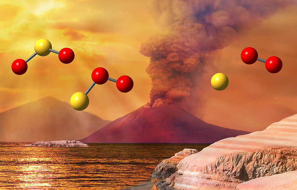Ball-and-stick models of SO2, S, and O2 are superimposed over an early-Earth scene showing an active volcano across an expanse of water, with rocks in the foreground, under a hazy orange sky.