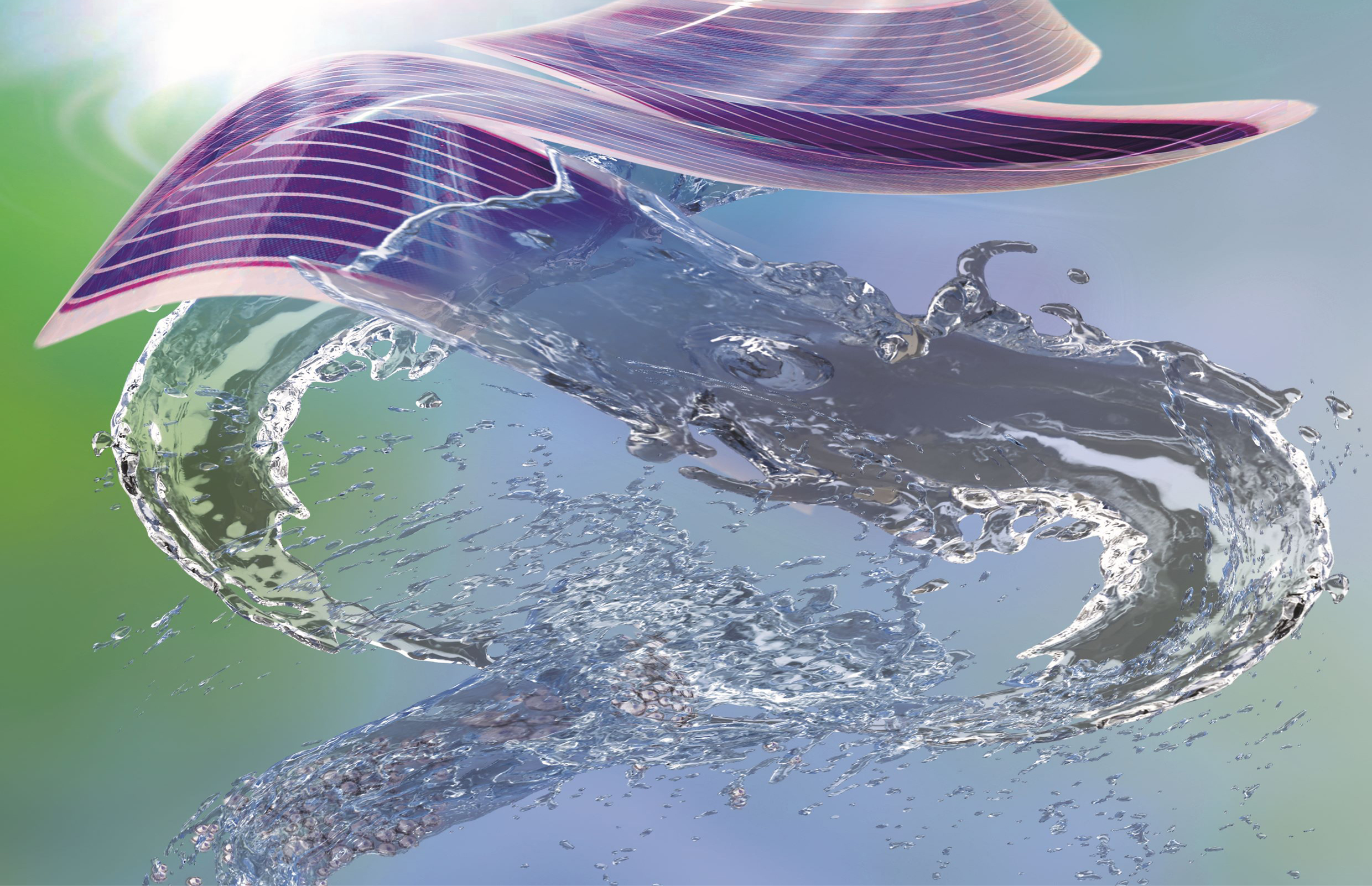 Cover art showing a spiral of organic photovoltaic film that transitions into splashing streams of clear water, with clumps of nanoparticles visible near the bottom of the water stream.