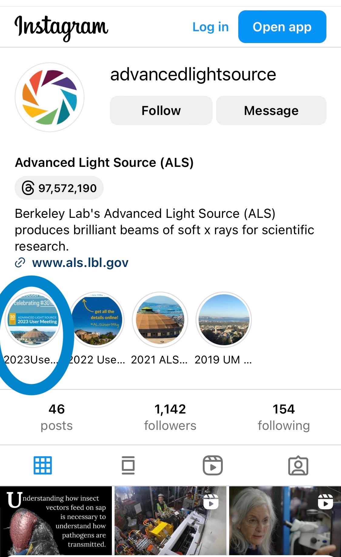 the 2023 User Meeting highlight can be found by clicking on the highlight circle on the Advanced Light Source Instagram account
