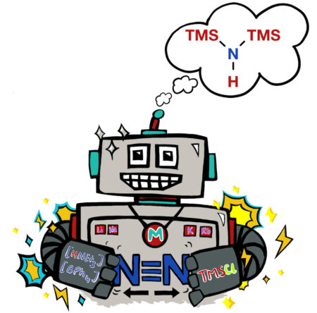 Cartoon of a blocky robot with arms tugging at a dinitrogen triple bond. A cloud emerging from a stack on the robot’s head shows symbols for nitrogen bonded to one hydrogen and two TMS groups.