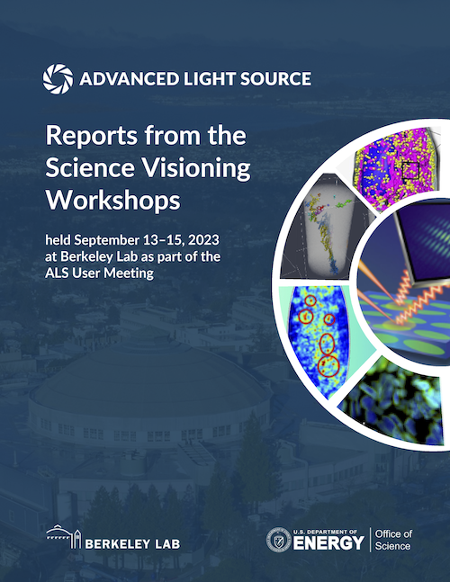 Dark blue rectangular report cover titled reports from the science visioning workshops. ALS dome in background and eye catching science images.