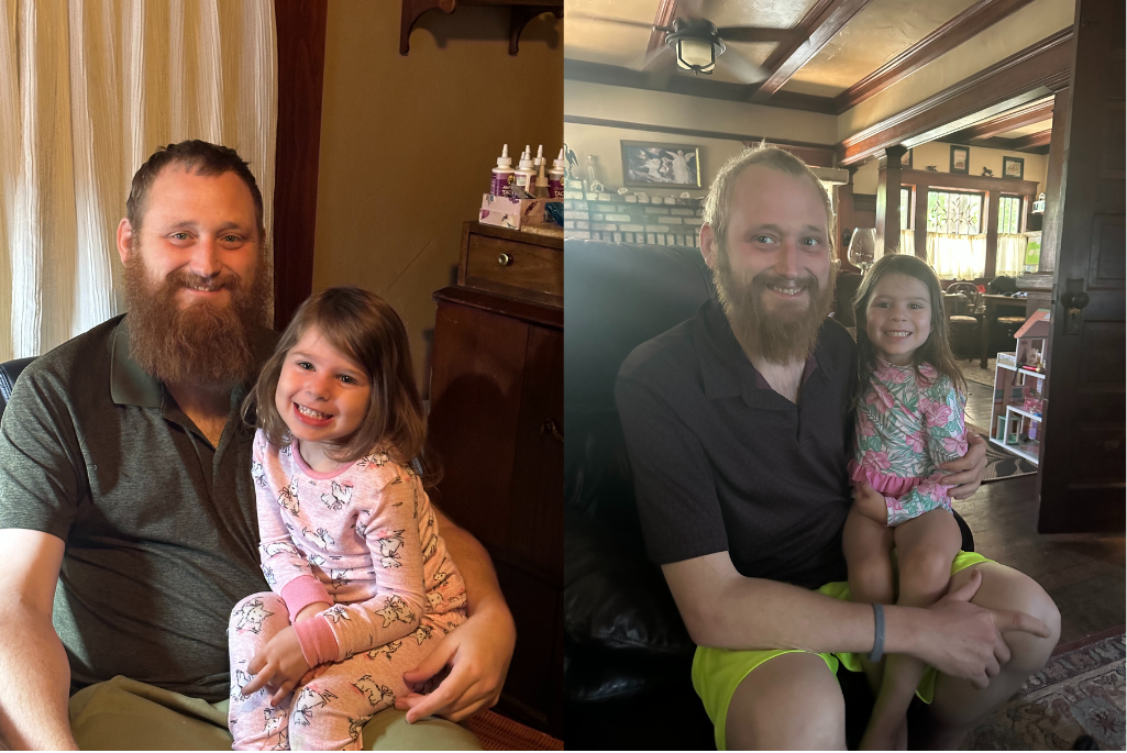 Two photos of a man with a child in his lap, both smiling