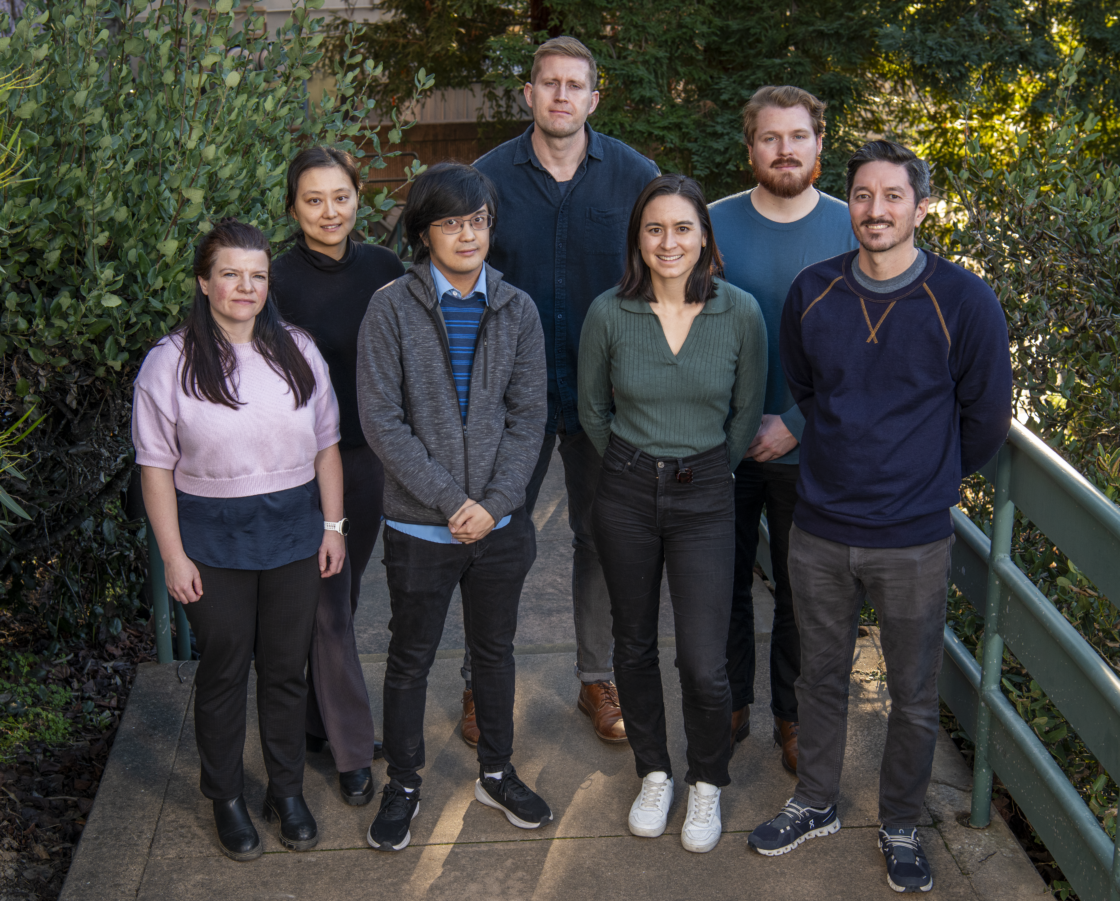 Seven people standing outside on a staircase near plants.