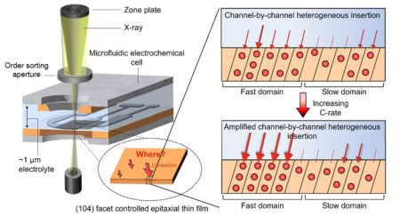 Schematic drawing of a device labeled “Microfluidic electrochemical cell.” The cell encloses a liquid electrolyte layer about 1 µm thick. Above the cell, an x-ray beam emerges from disks labeled “zone plate” and “order sorting aperture,” and passes through a thin-film sample at the bottom of the electrolyte layer, where electronic circuitry is also visible. A closeup view of the thin-film sample shows lithium ions (red circles) stacking up vertically within channels. Channels labeled “fast domain” have more ions, and channels labeled “slow domain” have fewer ions. Increasing the charging rate increases the difference in the amount of lithium in fast vs slow domains.