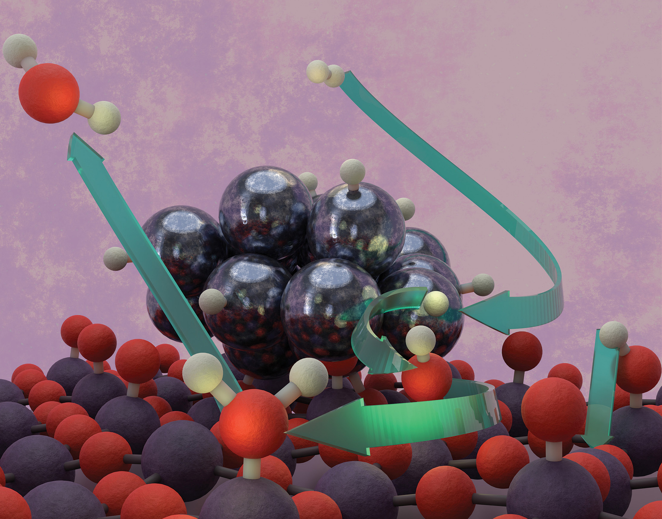 Three-dimensional ball-and-stick depiction of a tungsten trioxide surface, a platinum nanocluster, and the steps of hydrogen spillover.