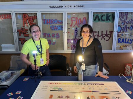 Two women standing behind a table with a large graphic of the electromagnetic spectrum.