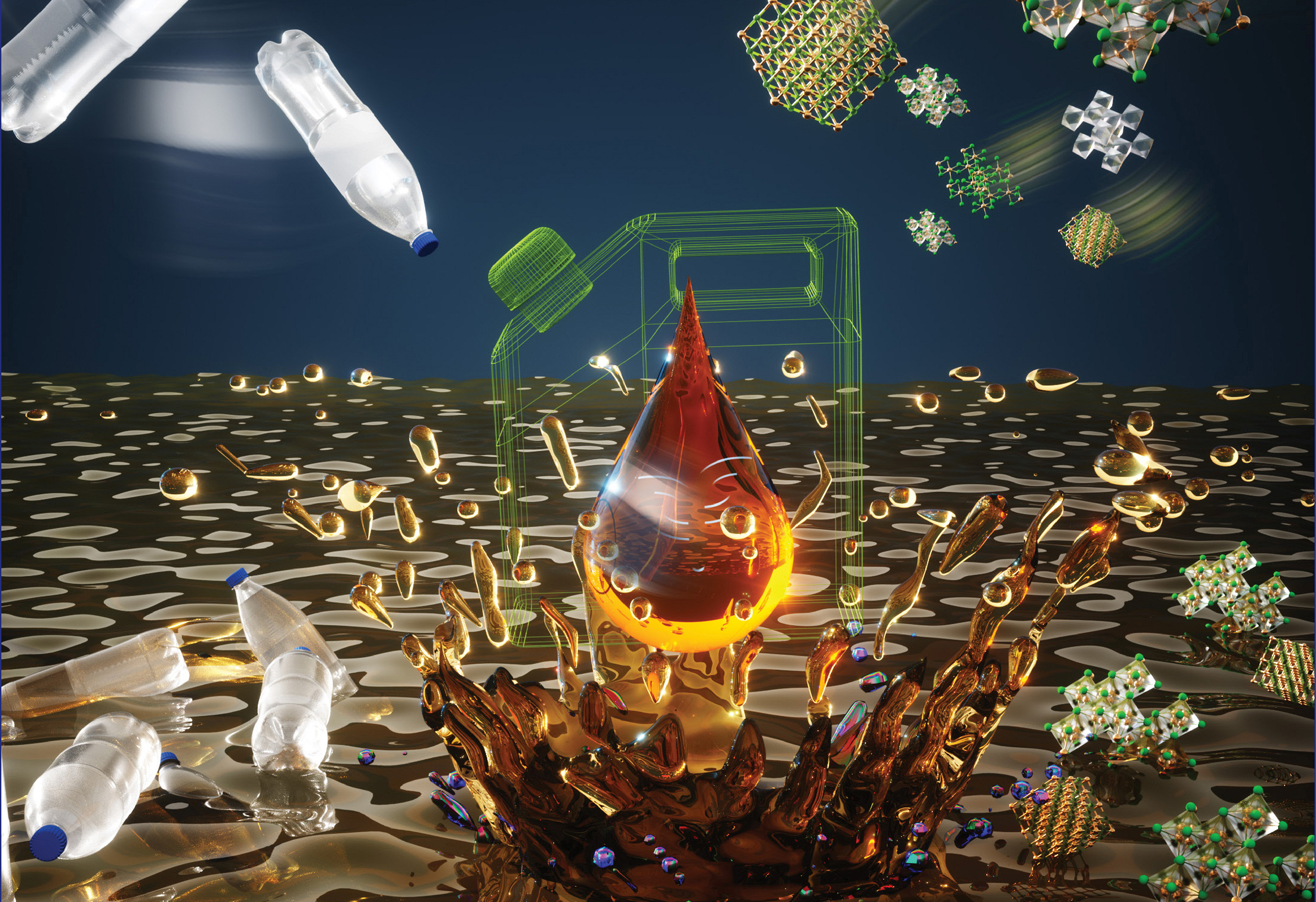 Journal-cover image depicting plastic water bottles and various salt crystals falling into a “sea” of a brown-colored liquid mixture. In the center, a large amber-colored drop is poised above the liquid, enclosed in the green outline of a gas can.