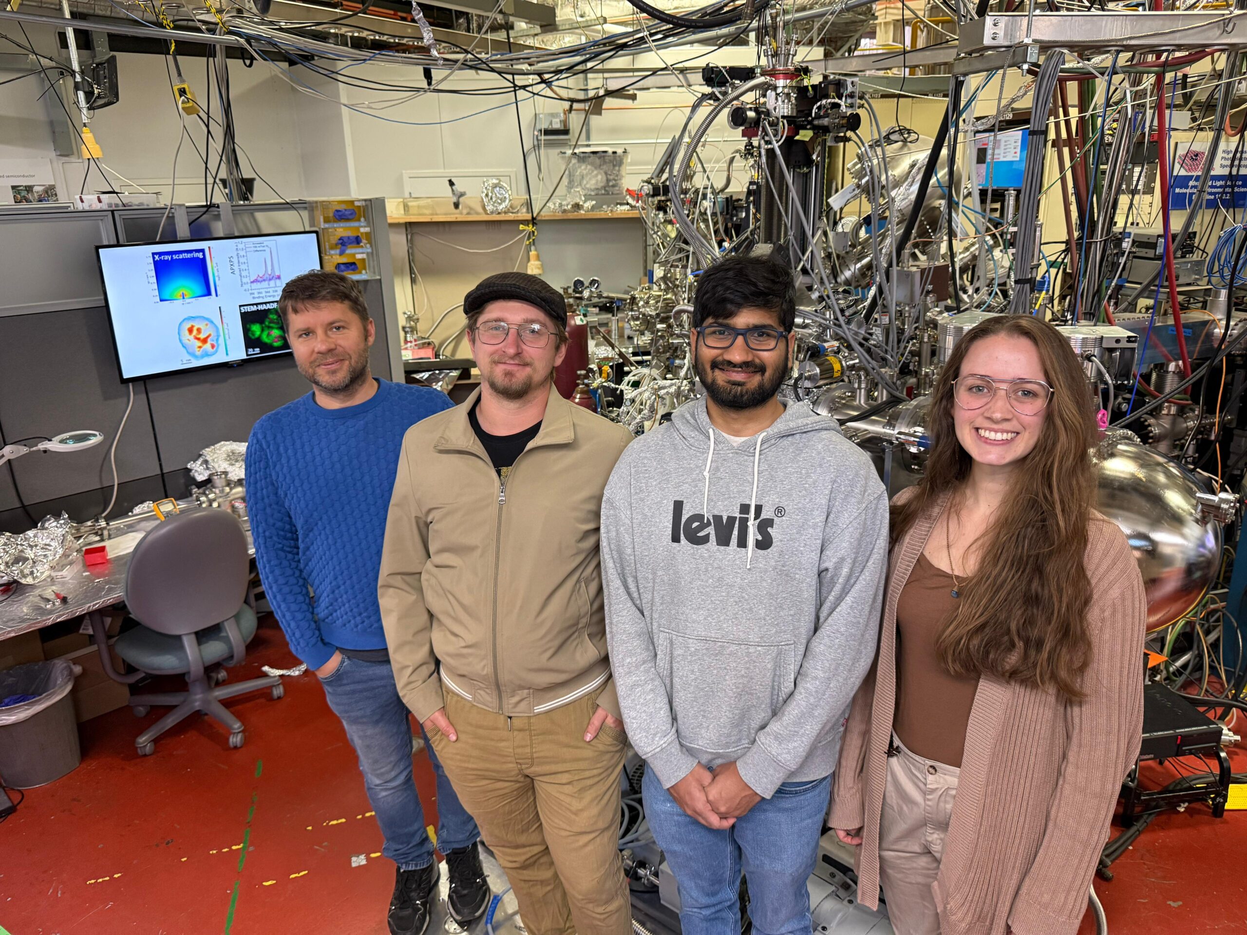 group photo of scientist at Beamlines 9.3.2 and 11.0.2 -- (from left to right) Slavomir Nemsak, Maximilian Jaugstetter, Tara Mishra, and Lívia P. Matte
