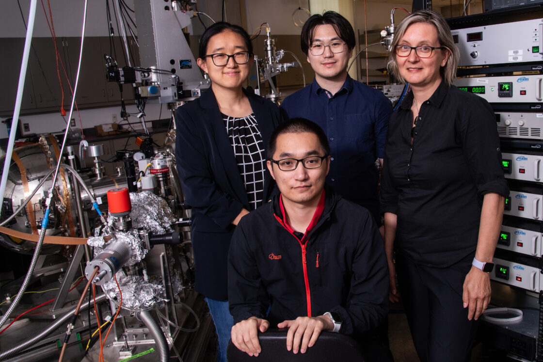 From Left: The research team include Ming Yi, Yuxiang Gao, Yichen Zhang, and Emilia Morosan. (Credit: Jeff Fitlow/Rice University).