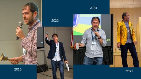 Four photos showing the same man with a microphone standing on a stage with the years for each photo (2016, 2023, 2024, 2025).