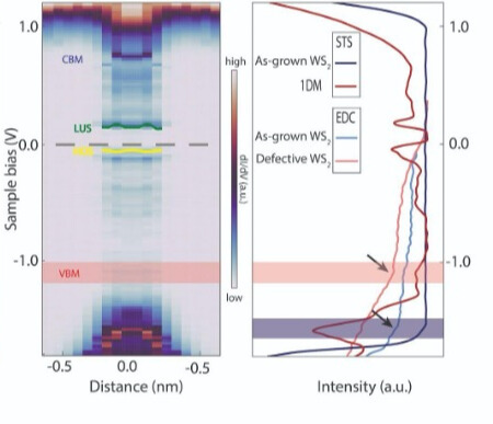 Left: Local density of states spectra collected across a line defect embedded within WS<sub>2</sub>. Right: Energy distribution curves overlapped with scanning tunneling spectroscopy from unmodified (light blue and dark blue, respectively) and defective (pink and red, respectively) WS<sub>2</sub>.