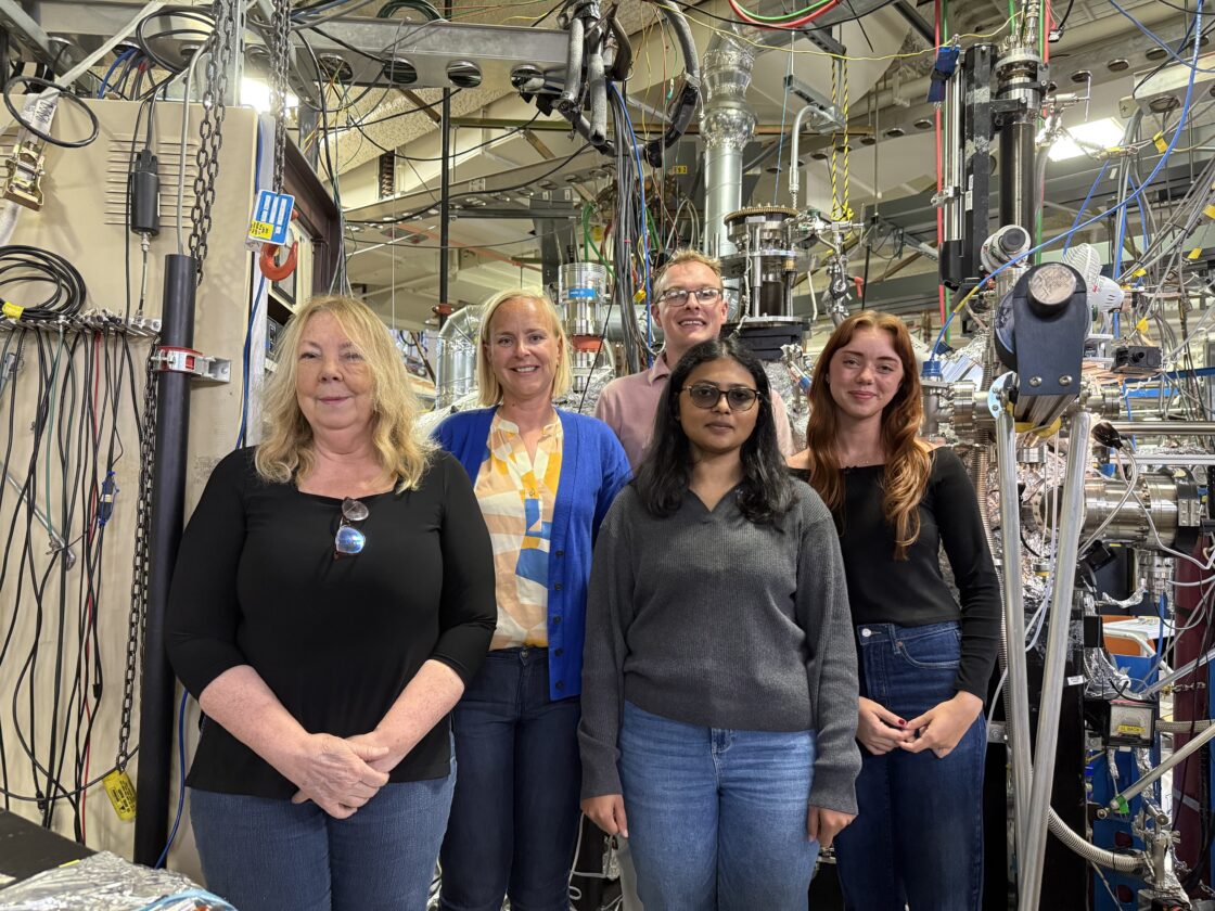 From left to right: Teresa Head-Gordon, Moni Blum, Shane Devlin, Sruthy Kettidathil Chandy, and Nykita Rustad analyzed samples at Beamlines 9.3.1 and 9.3.2 at the Advanced Light Source. (Credit: Erika Riffe/Berkeley Lab)