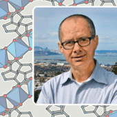 portrait of man wearing glasses superimposed over a repeating chemical structure