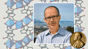 portrait of man wearing glasses superimposed over a repeating chemical structure