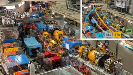 Photo showing the ALS switchyard with the storage ring on the left, the accumulator ring on the right and the two transfer lines in the middle together with a sketch showing which is which.