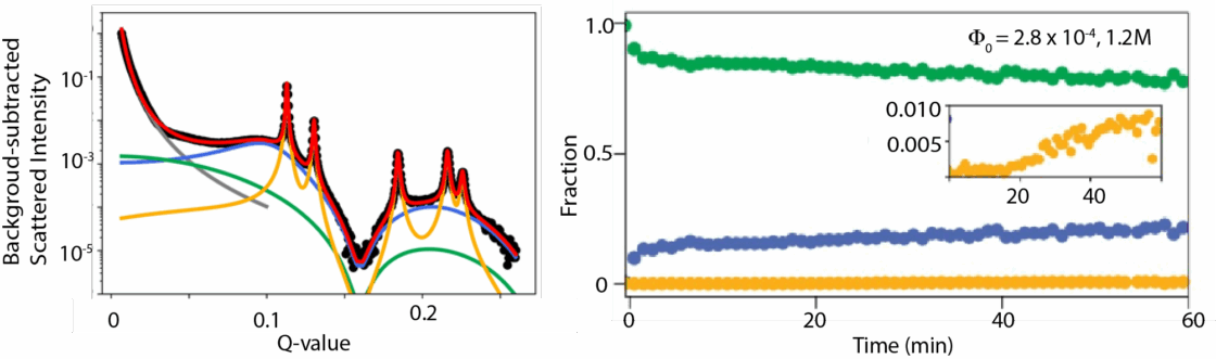 Left: SAXS data decomposed into three nanocrystal phases—colloidal (green), liquid (blue), and superlattice (yellow)—and the quantitative fit (red) of the data (black). Right: Fraction of nanocrystals detected by SAXS to be in each of the three phases over time at a particular quench depth and ionic strength.
