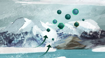 Illustration of an arctic scene, including water with floating ice, mountains with blowing snow, and a grey sky. Overlaid on the image is a drawing of round shapes, representing aerosols moving from the sea and blowing snow into the air.
