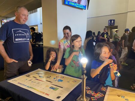Several children looking through diffraction gratings while an adult looks on.
