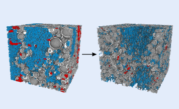 Two cubes with arrow in the middle on blue background.