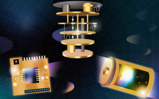 Image of a microchip, quantum computer and battery clowing.