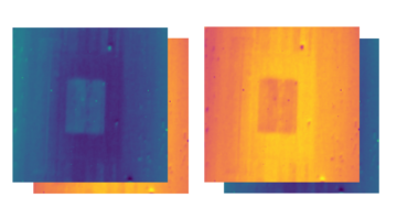 Two pairs of overlapping false-color microscope images on a white background. In each pair, a blue-green image sits in front of or behind an orange-yellow image, and every image shows a small rectangular patch with different contrast from its surroundings, split by a faint vertical line.
