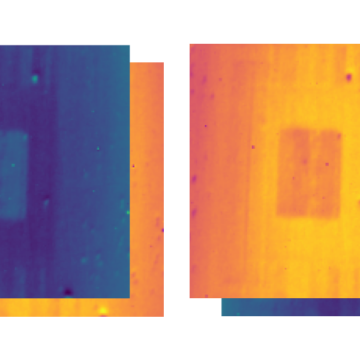 Two pairs of overlapping false-color microscope images on a white background. In each pair, a blue-green image sits in front of or behind an orange-yellow image, and every image shows a small rectangular patch with different contrast from its surroundings, split by a faint vertical line.