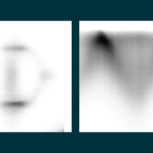Two grayscale photoemission images side by side on a dark teal background: a Fermi surface map with a ring-like pattern and a vertical streak at its center, and a V-shaped band dispersion with dark intensity at the upper corners.