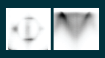 Two grayscale photoemission images side by side on a dark teal background: a Fermi surface map with a ring-like pattern and a vertical streak at its center, and a V-shaped band dispersion with dark intensity at the upper corners.